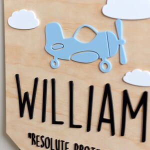 Personalised Boy Name Sign Plaque in Bunting Style with Name Meaning Baby Nursery Kids Bedroom Plane Theme Wooden Board with Acrylic zdjęcie 3
