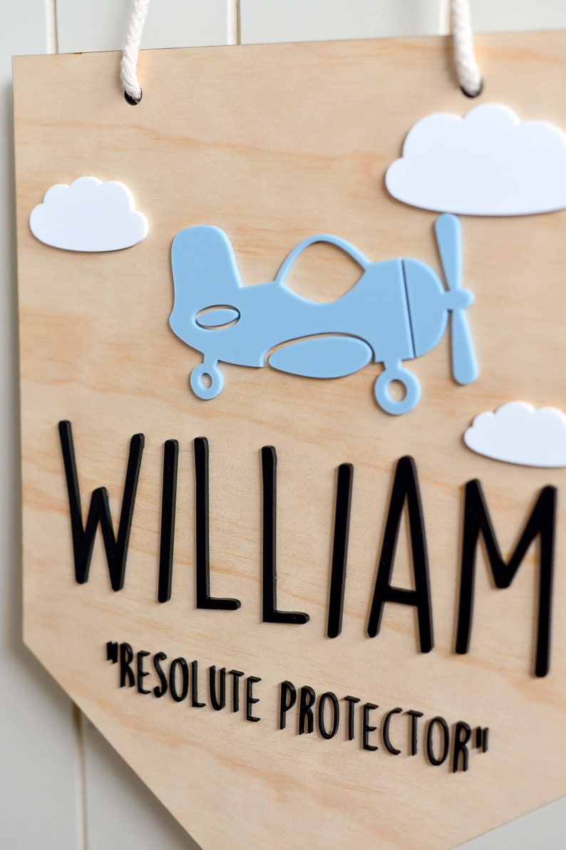 Personalised Boy Name Sign Plaque in Bunting Style with Name Meaning Baby Nursery Kids Bedroom Plane Theme Wooden Board with Acrylic image 3