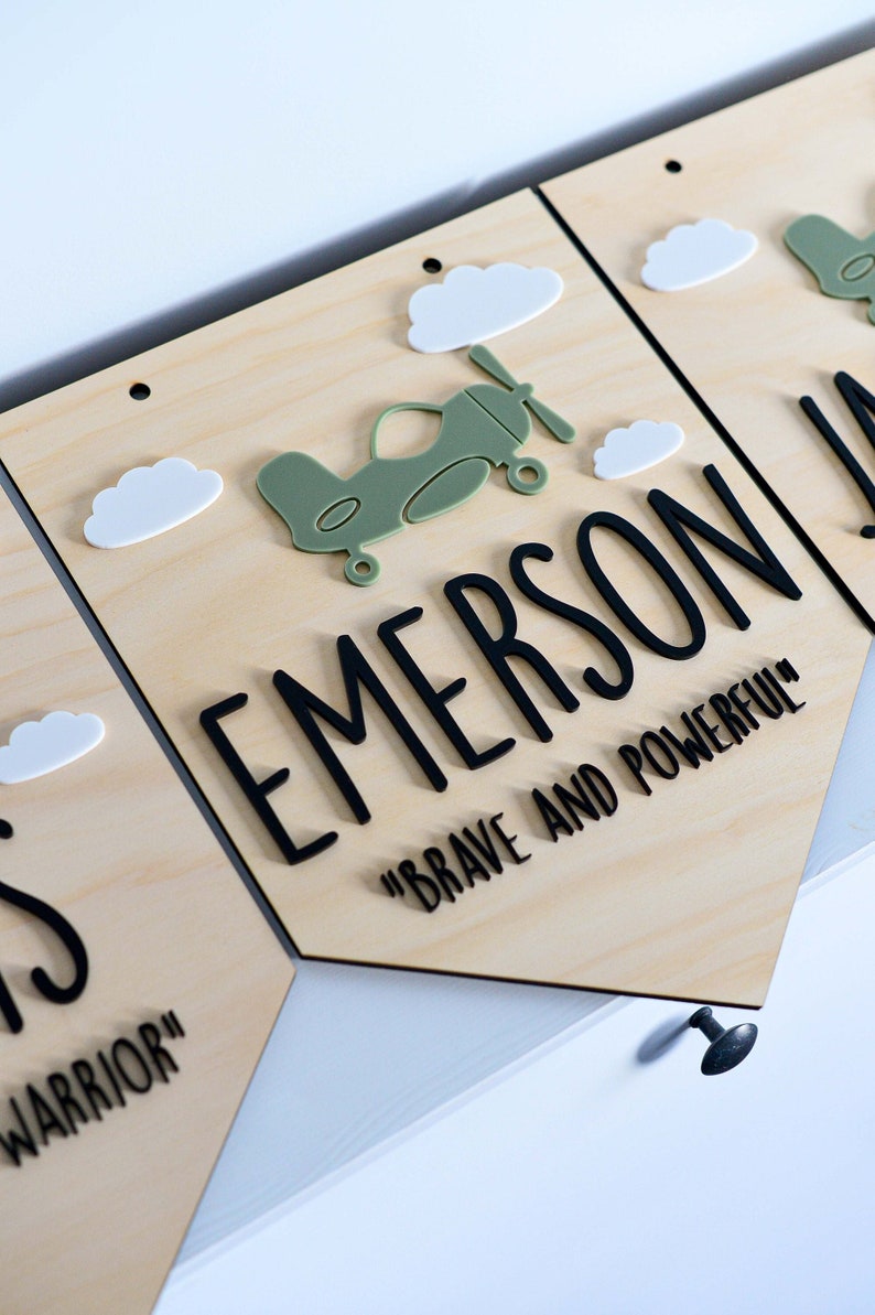 Personalised Boy Name Sign Plaque in Bunting Style with Name Meaning Baby Nursery Kids Bedroom Plane Theme Wooden Board with Acrylic Green