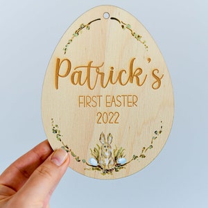 Personalised Original Hand Painted Baby's First Easter Wooden Keepsake Easter Rabbit Bunny & Easter Eggs Bunny w/ Blue Eggs