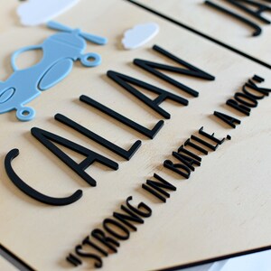 Personalised Boy Name Sign Plaque in Bunting Style with Name Meaning Baby Nursery Kids Bedroom Plane Theme Wooden Board with Acrylic zdjęcie 4