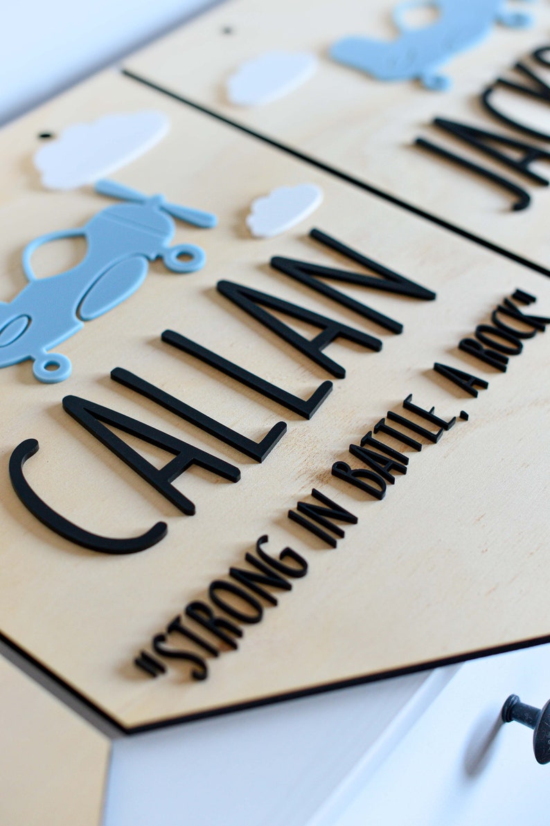 Personalised Boy Name Sign Plaque in Bunting Style with Name Meaning Baby Nursery Kids Bedroom Plane Theme Wooden Board with Acrylic zdjęcie 4