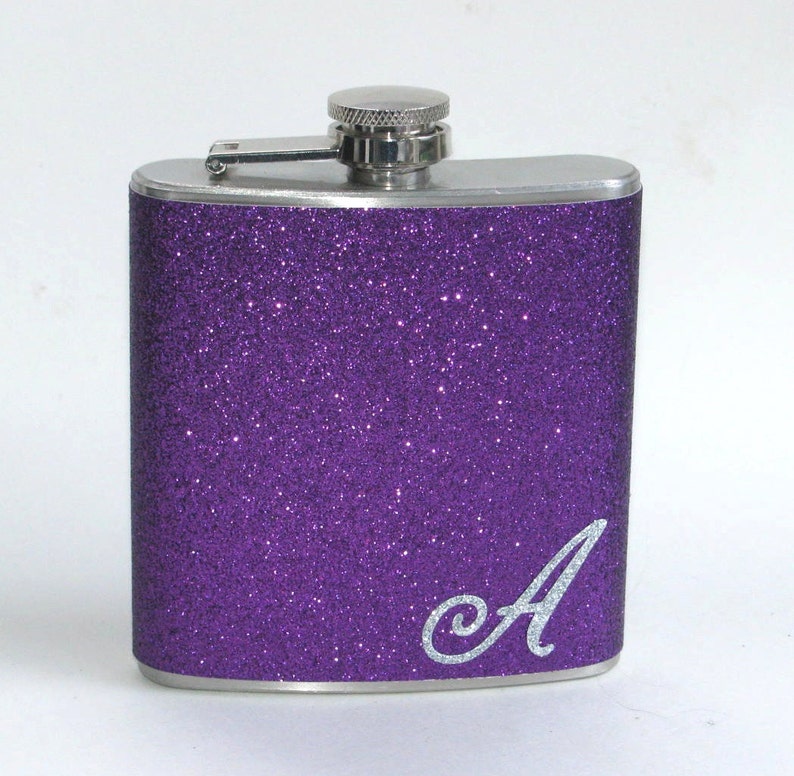 Your Color Choice Personalized Sparkly Glitter 6 oz Size Stainless Steel Liquor Hip Flask Flasks Weddings Bridesmaids Gift Idea