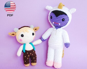 Amigurumi pattern: Halloween dolls. Vampire unicorn and faun cosplayer. Crochet monster, satyr, mythological creature (PDF in ENGLISH