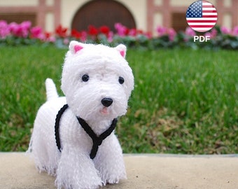 Patrón de amigurumi: Perrito westie (West Highland White Terrier) Patrón de crochet para tejer el perro, el arnés y la placa (PDF en Inglés)