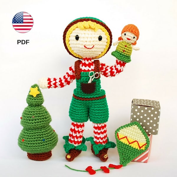 Patrón de amigurumi: Elfo de Navidad. Muñeco elfo en ganchillo para decoración navideña o regalo. Tutorial muñeca crochet (PDF en Inglés)