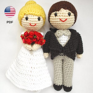 Patrón de amigurumi: Pareja de novios para tarta nupcial. Novio y novia de ganchillo para pastel de boda. Novios amigurumi (PDF in INGLESE)