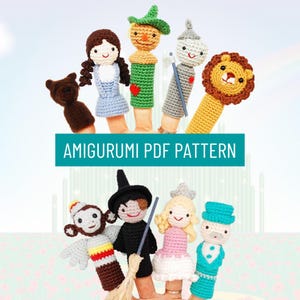 The Wizard of Oz Amigurumi Pattern. Crochet finger puppets: Dorothy, Tinman, Lion, Toto, Scarecrow, Glinda, Witch, Wizard, Monkeys (PDF)