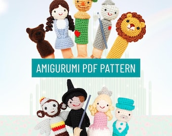 El Mago de Oz, patrón amigurumi. Muñecos de dedo crochet: Dorothy, León, Espantapájaros, Hojalata, Toto Glinda, Bruja, Mago, Monos (PDF)