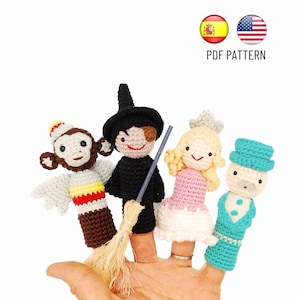 The Wizard of Oz Amigurumi Pattern. Crochet finger puppets: Glinda, Wicked Witch of the West, Wizard, Flying monkeys (PDF crochet pattern)