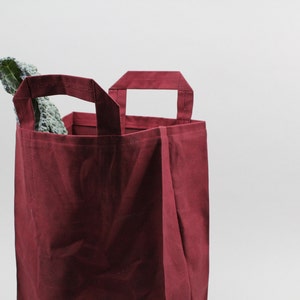 The Market Bag // Burgundy WAXED Canvas Reusable Shopping Bag with handles, eco-friendly and stylish image 2