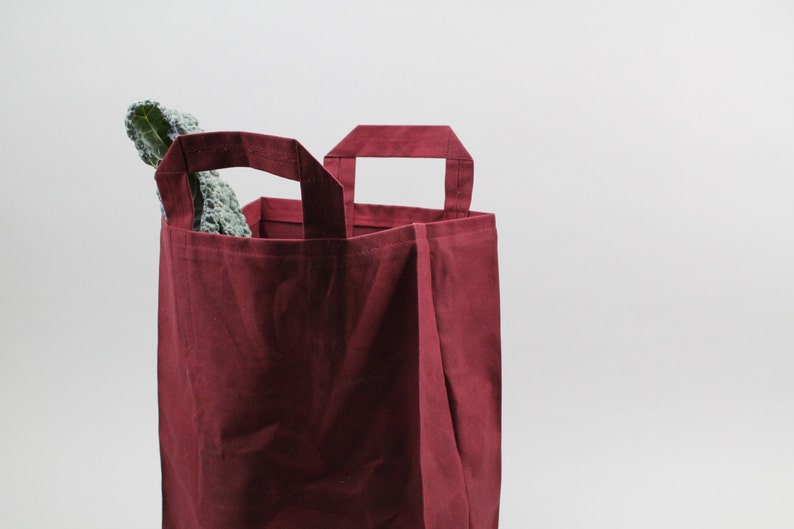 The Market Bag // Burgundy WAXED Canvas Reusable Shopping Bag with handles, eco-friendly and stylish image 2