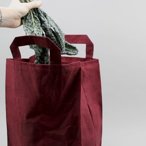 The Market Bag // Burgundy WAXED Canvas Reusable Shopping Bag with handles, eco-friendly and stylish image 1