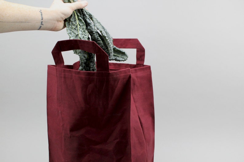 The Market Bag // Burgundy WAXED Canvas Reusable Shopping Bag with handles, eco-friendly and stylish image 1