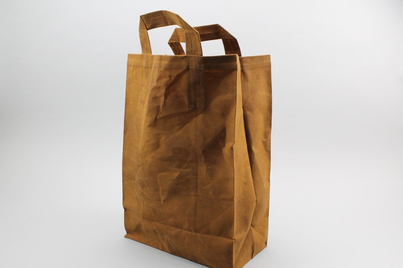 The Market Bag // Caramel Brown WAXED Reusable Canvas Shopping Bag with handles, eco-friendly and stylish image 2