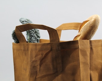 The Market Bag // Caramel Brown WAXED Reusable Canvas Shopping Bag with handles, eco-friendly and stylish