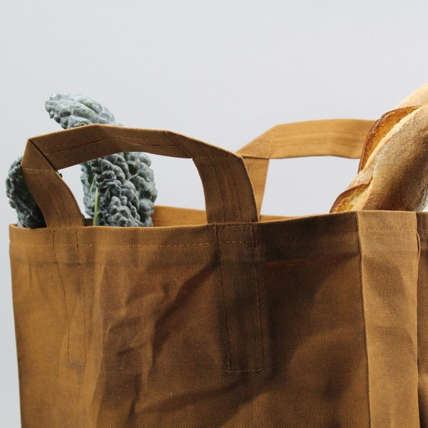 The Market Bag // Caramel Brown WAXED Herbruikbare canvas boodschappentas met handvatten, milieuvriendelijk en stijlvol