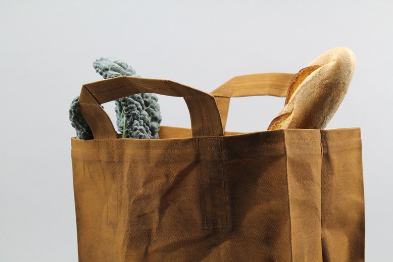 The Market Bag // Caramel Brown WAXED Reusable Canvas Shopping Bag with handles, eco-friendly and stylish image 1