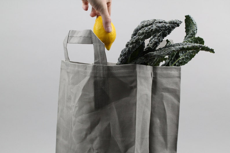 The Market Bag // Grey WAXED Canvas Reusable Shopping Bag with handles, eco-friendly and stylish image 2