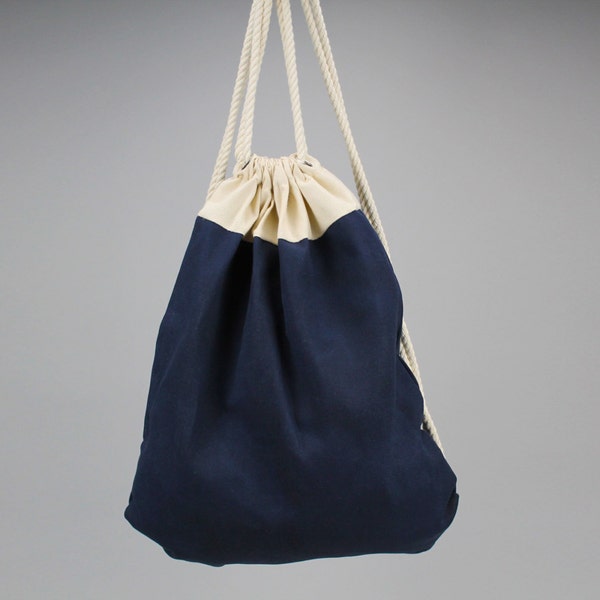 The Daniel Drawstring Backpack // Navy and Natural Waxed Canvas Two-Tone Backpack/Tote with Rope Drawstring