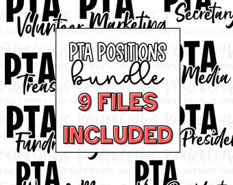 Puede incluir: Un paquete de descarga digital de 9 archivos imprimibles para puestos de la APA. El texto dice "PTA Positions Bundle 9 Files Included" con un fondo blanco y negro.