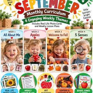 Puede incluir: Una guía educativa Toddler School para el mes de septiembre para niños de 1 a 2 años con cuatro temas semanales: All About Me, Apples, Welcome to Fall y 5 Senses. Incluye tarjetas con fotos reales, planes de lecciones y actividades.