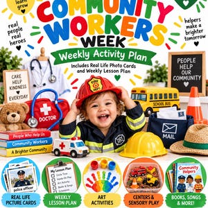 Op de afbeelding: Een Toddler School Community Workers Week activiteitenplan voor 1-2 jarigen. De afbeelding toont een kind met een brandweerhelm, een doktersset, een speelgoed schoolbus, een postbak en diverse educatieve materialen, lesplannen en fotokaarten.