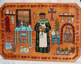 Southwest Handpainted New Mexico Retablo, San Pascual de la Cocina Medium Full Kitchen Scene on an Orange Board with Round Cutout Shapes