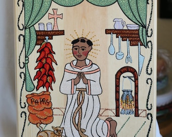 Southwest Handpainted New Mexico Retablo, San Pascual de la Cocina w a Brown Cat, a Fireplace, a Sack of Papas and a Chili Ristra