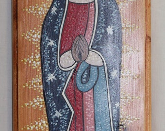 Southwest Handpainted New Mexico Retablo, Our Lady of  Guadalupe with a Turquoise Puff Flower Edging