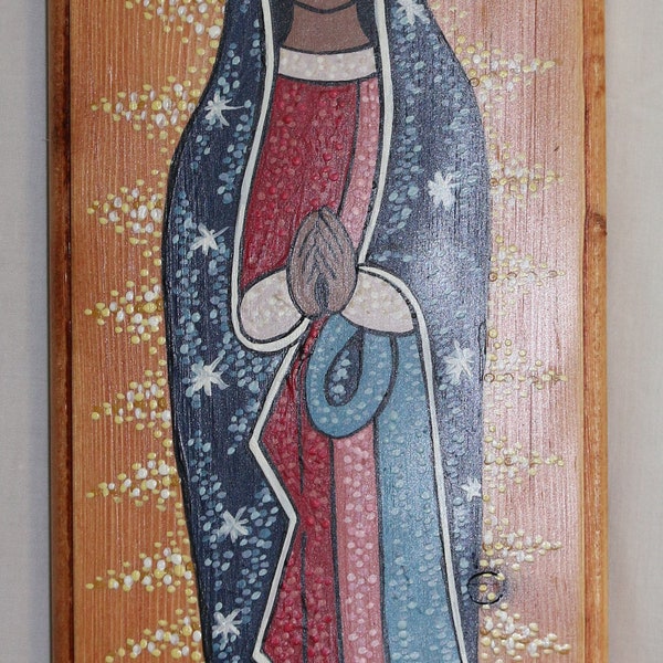 Southwest Handpainted New Mexico Retablo, Our Lady of  Guadalupe with a Turquoise Puff Flower Edging