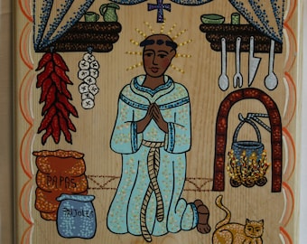 Southwest Handpainted New Mexico Retablo, San Pascual de la Cocina Kneeling w a Gold Cat and an Orange Feather Frame Design