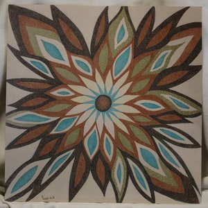 Small Colored Pencil Drawing, Abstract Flower Shape in Turquoise, Brown, Rust and Gold