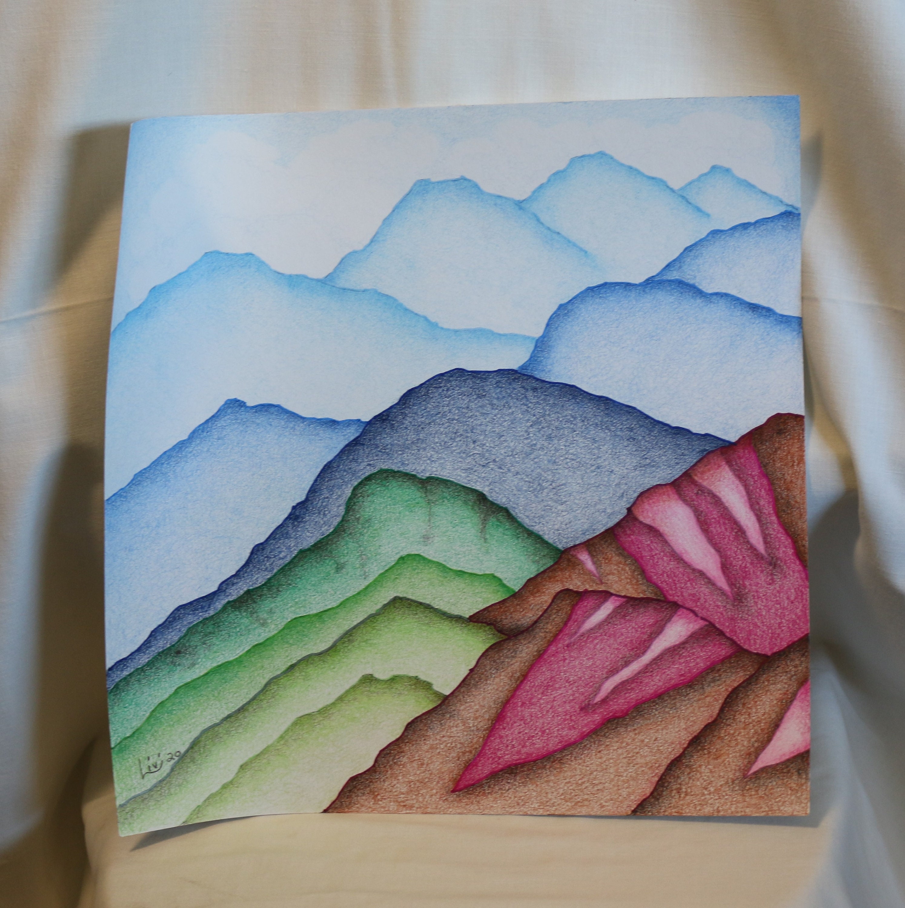 Small Colored Pencil Drawing, Abstract Mountain Shapes on White