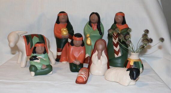 Southwest Navajo Style Ceramic Nativity Shades Of Green And Terra Cotta - 
