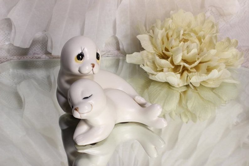 Mom and Pup Sealife Animals White Seals Figurines Set of 2 Nursery Decor