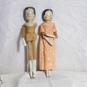 2 Antique Grodnertal Peg Dolls, Hand Painted Face Tall 11.75 Inches Handmade He and She Wood Dolls **AS IS**