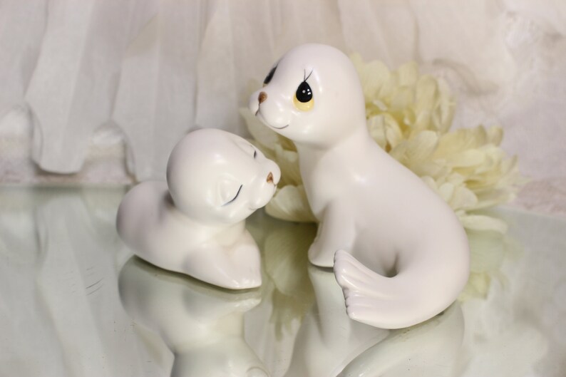 Mom and Pup Sealife Animals White Seals Figurines Set of 2 Nursery Decor