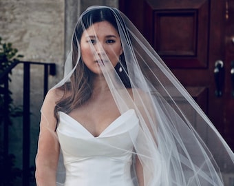 Velo da sposa a goccia trasparente con fard lungo fino alla vita, senza pettine (velo della cattedrale, velo dell'illusione, bordo grezzo, velo del drappo, velo lungo, valzer, cappella)