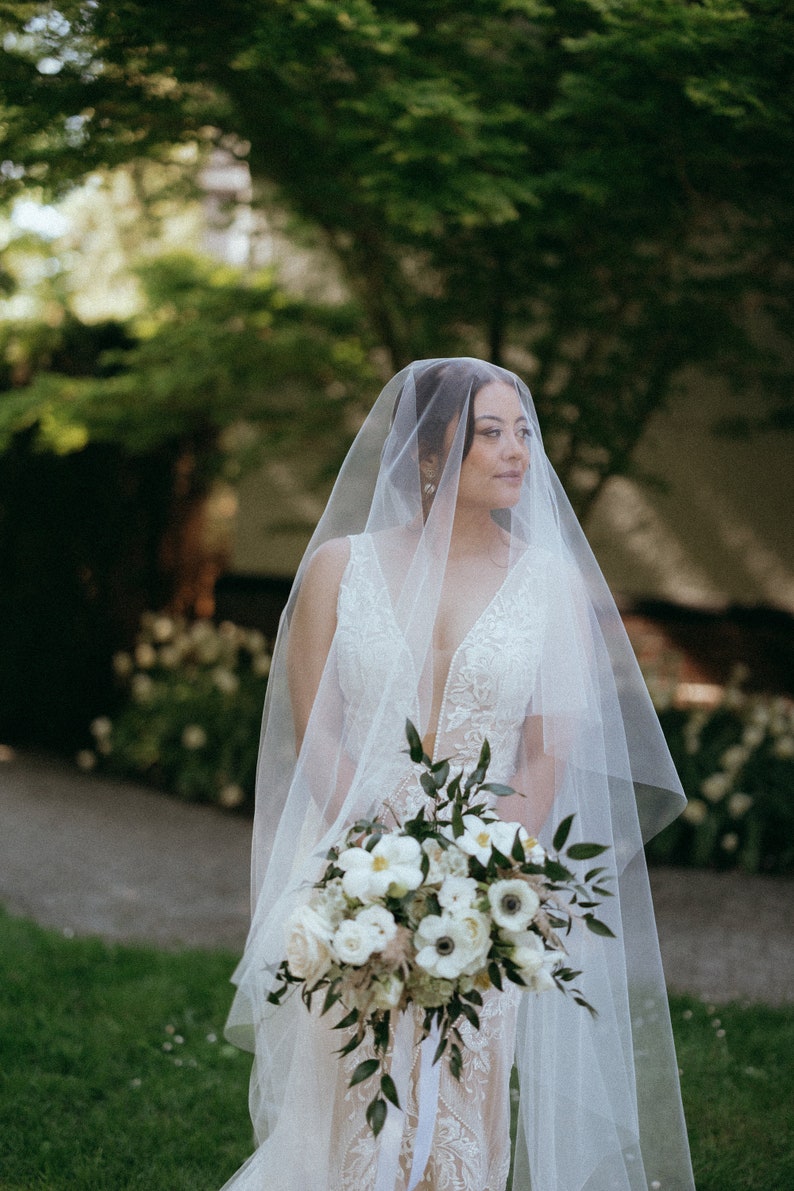 Sheer Drop Bridal Veil with Waist length blusher, No Comb Cathedral Veil, Illusion Veil, Raw Edge, Drape Veil, Long Veil, Waltz, Chapel Waltz 60 inches