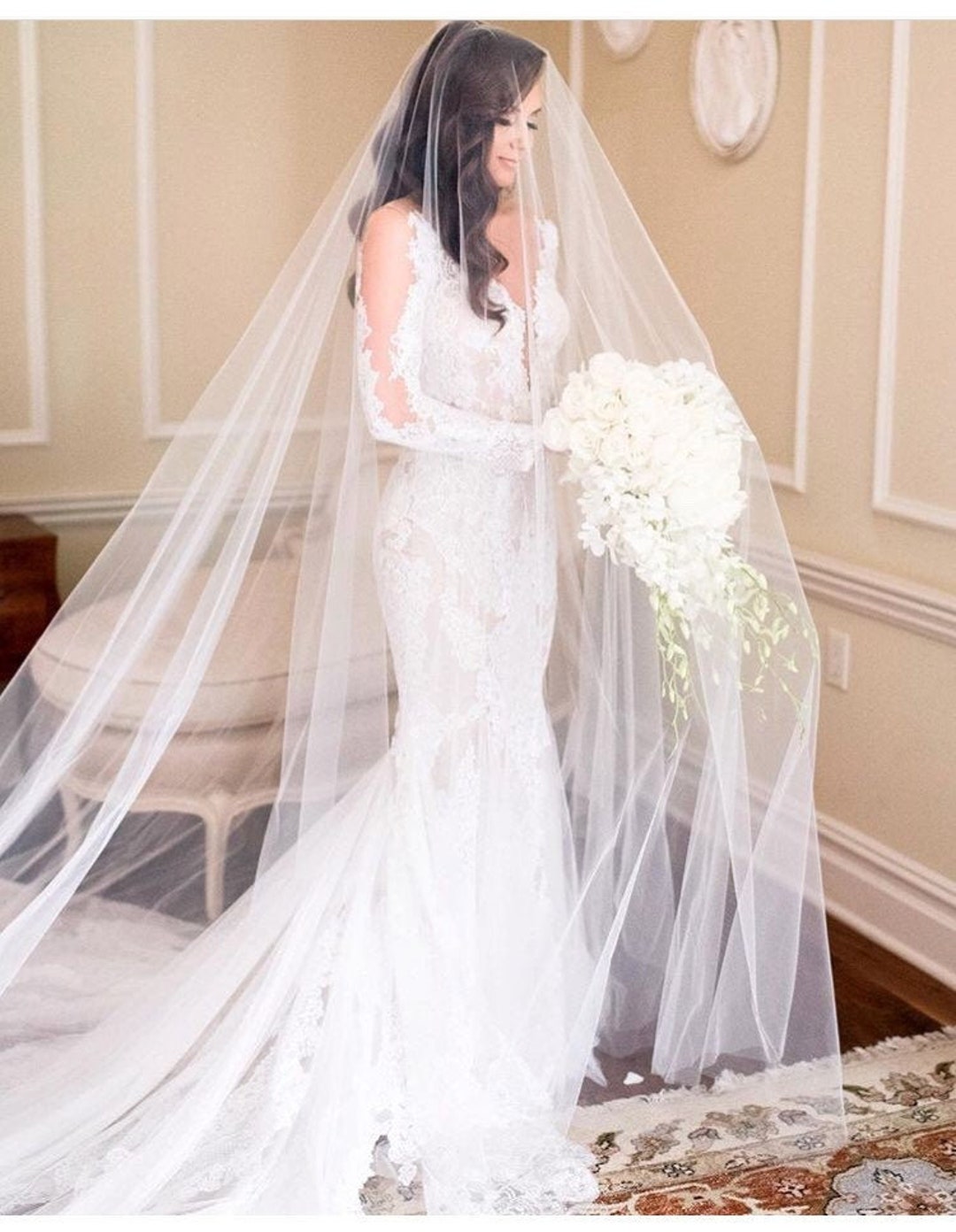 Sheer Drop Bridal Veil With Long Blusher, No Comb cathedral Veil, Illusion  Veil, Long Veil, Kim Kardashian Veil, Meghan Markle Veil 