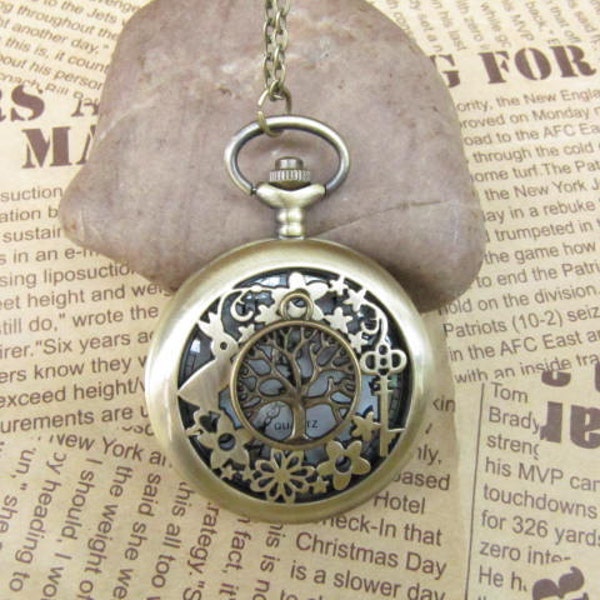 SALE -Tree of life pocket watch pendant necklace with charm chain jewelry