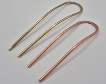 Hair Bun Fork, Stick Pin, U Pin, Hammered, Handmade, Copper or Brass, Curved or Flat, Minimalist