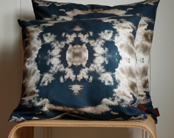 Cloud Rococo Cushion - Cloud Cushion - Decorative Pillow -  Moody Blue - Linen Mix - handcrafted leather tab - UK made