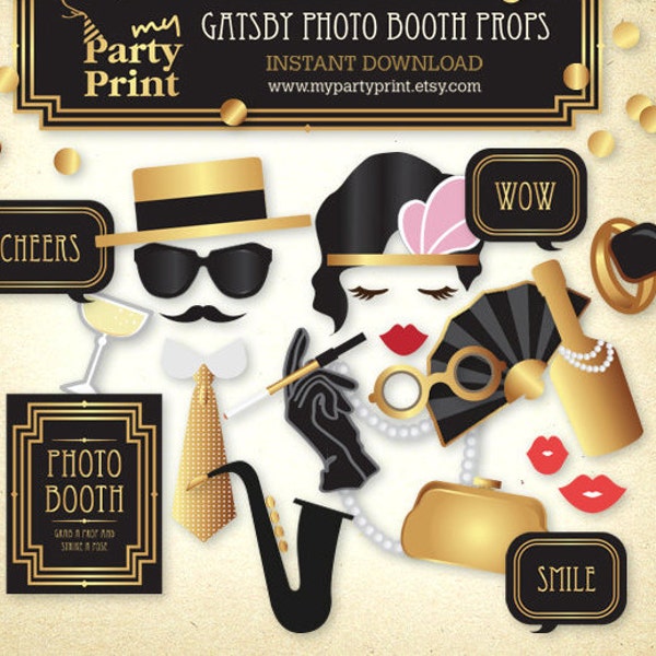 Gatsby Photo Booth Props 20s Party Printable/Great Gatsby/Wedding Props - digital instant download with moustache lips photobooth signs etc