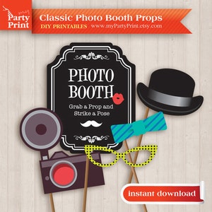 Photobooth Props (Classic) - Party Printable with digital mustache lips glasses photo booth sign for your moustache party or wedding props
