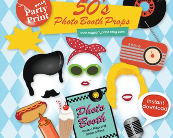 Rekwisieten voor feestfeestje jaren 50: retro afdrukbare decoraties (direct downloaden)