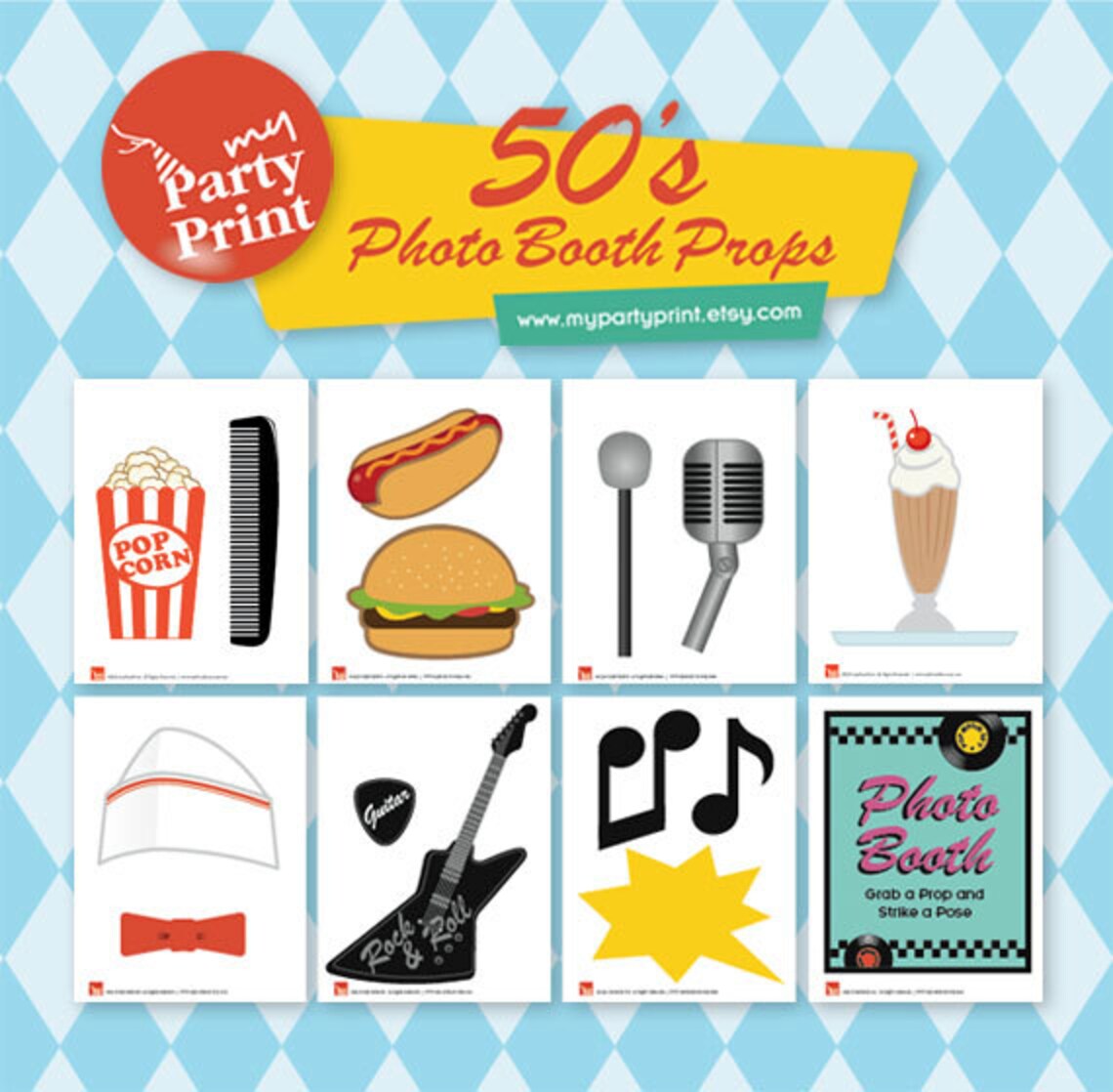 50s Party Printables Photo Booth Props With Digital Mustache Lips Comb ...