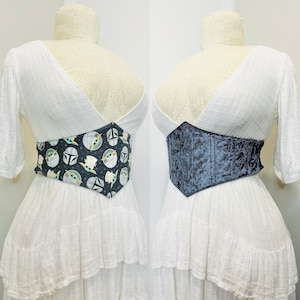 32&quot;  Baby Alien and Helmet Print Cotton and Gunmetal Grey Crushed Velvet Reversible Underbust Corset Belt