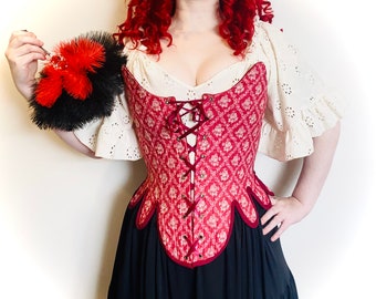 28" Elizabethan Stays Style Red Roses Floral Cotton and Deep Red Velvet Reversible Overbust Corset